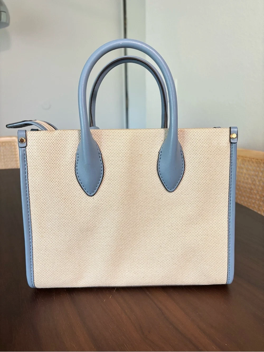Michael Kors Beige Canvas Tote with Light Blue Leather Trim